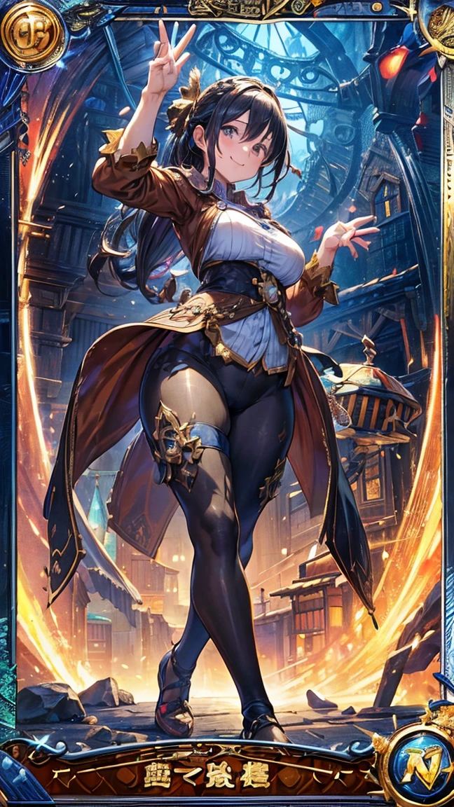 (1 mature merchant,Full Body Tights,Age 35), ((Pub,guild)),(smile),Dynamic pose,Dynamic Angle,Pose for a photo,From below,Elderly woman、Trading Card Game Frames、Highest Rare、Five Fingers、Signature mark、Recovery Officer、Big Butt、Black Hair