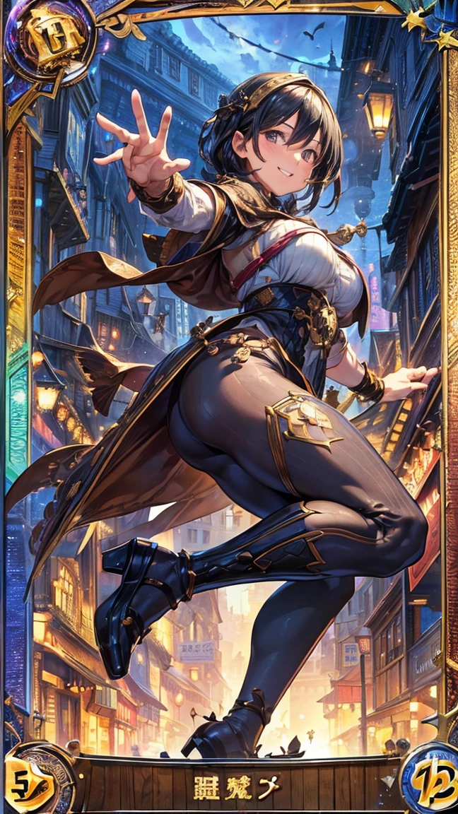 (1 mature merchant,Full Body Tights,Age 35), ((Pub,guild)),(smile),Dynamic pose,Dynamic Angle,Pose for a photo,From below,Elderly woman、Trading Card Game Frames、Highest Rare、Five Fingers、Signature mark、Recovery Officer、Big Butt、Black Hair