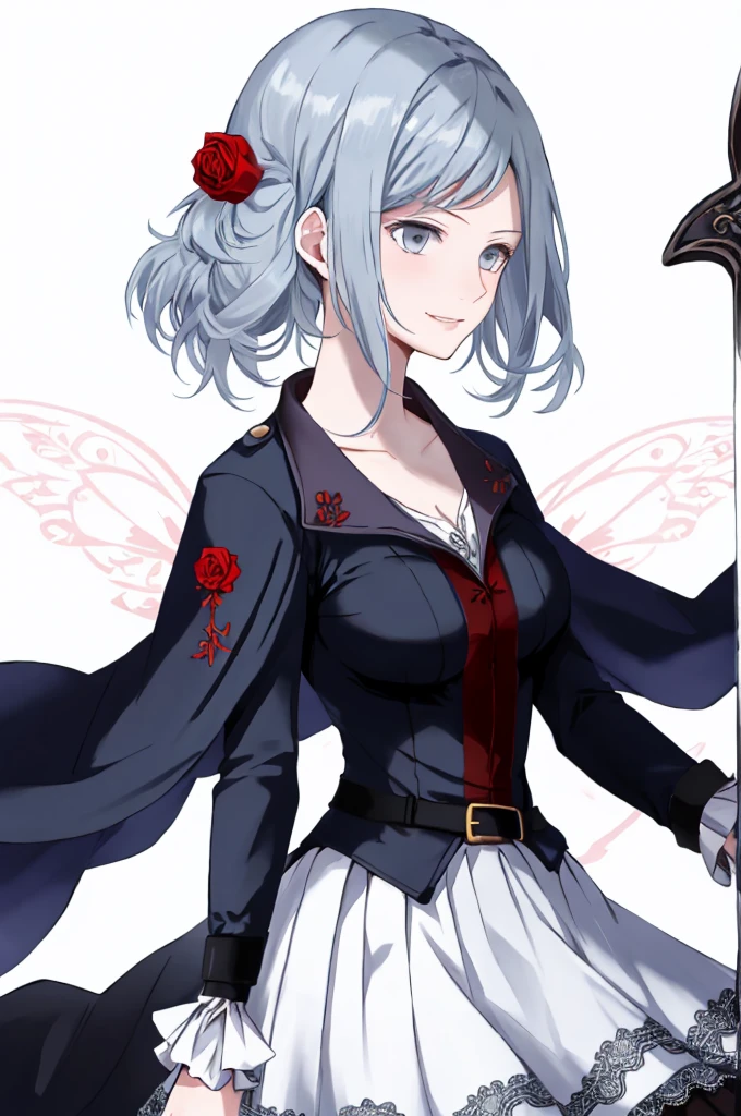 ((best quality)), ((masterpiece)), (detailed), 1girl, Character design, female, dynamic poses, long blue hair, grey white eyes, very skinny, detailed, best quality, no accesoires around the neck, prominent collarbones, skinny arms, upper body, blank white background, plain background, white background, ((red and white clothing)), Bloodborne inspired, occult aesthetic, occult, detailed and intricate steampunk and detailed gothic, Very dramatic and cinematic lighting, cosmic horror, grim-dark, side-lighting, perfect face, Fluttering lace flared long knee length dress with frilly petticoats, knee length dress, pleated petticoats, petticoats gothic, complex lace boots, side-lighting, gothic aesthetic, wielding a mighty sword with mechanical components, mandalas, small breasts, a fairy, various different types of insect wings,upper body, upper body, white holy clothes,white holy clothes,((evil smile)),blue hair,
