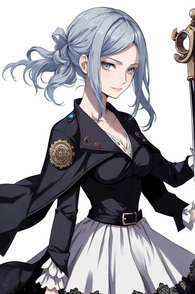 ((best quality)), ((masterpiece)), (detailed), 1girl, Character design, female, dynamic poses, long blue hair, grey white eyes, very skinny, detailed, best quality, no accesoires around the neck, prominent collarbones, skinny arms, upper body, blank white background, plain background, white background, ((red and white clothing)), Bloodborne inspired, occult aesthetic, occult, detailed and intricate steampunk and detailed gothic, Very dramatic and cinematic lighting, cosmic horror, grim-dark, side-lighting, perfect face, Fluttering lace flared long knee length dress with frilly petticoats, knee length dress, pleated petticoats, petticoats gothic, complex lace boots, side-lighting, gothic aesthetic, wielding a mighty sword with mechanical components, mandalas, small breasts, a fairy, various different types of insect wings,upper body, upper body, white holy clothes,white holy clothes,((evil smile)),blue hair,