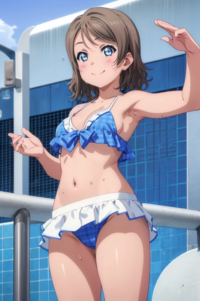 (((pixel-perfect, detail-perfect))), solo, 1girl, you watanabe, eyes azzur, smile, bikini, pool, wet body, armpit, big filesize, ultra High Qality