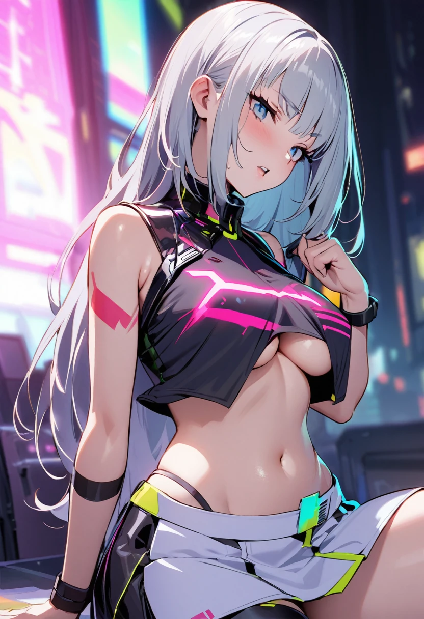 One woman dressed in lewd outfits. She wears a crop top cyberpunk jersey open in the underboob and a short low skirt with lewd garterbelt