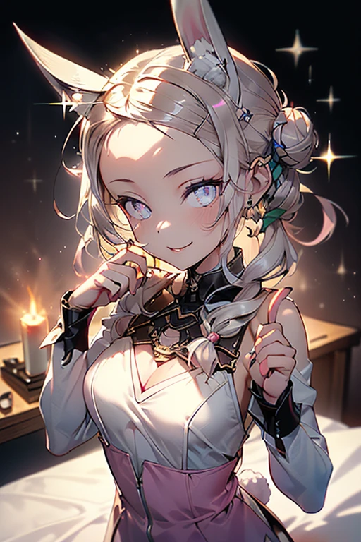 (dynamic angle:1.3, front view:1.1, breast focus:1.3, from above:1.1), (((Masterpiece))),(((Super Detail))),(((in 8K))),(((best composition))),(((Rim lighting,Fireglow effect,deep shadow))),solo),Beautiful fingers,Detailed finger features,(Detailed hair features:1.7),(Dynamic and sexy bending pose:1.3),detailed facial features,detailed clothes features, (perky chest:1.1), (pointed chest:1.3), delicate beautiful face, Bright blue eyes, cute eyes, sparkling eyes, Big eyes, beautiful detailed eyes,double bun with glittering hair ornament:0.6,(super detailed glossy skin:1.3),slender body,goddess smile,((with sparkling eyes and a contagious smile)),beautiful illustration, best quality, cute girl, children bedroom, pastel color, fluffy bunny ears, , silver long hair, rabbit stuffed toy, bright lighting, light pink eyes