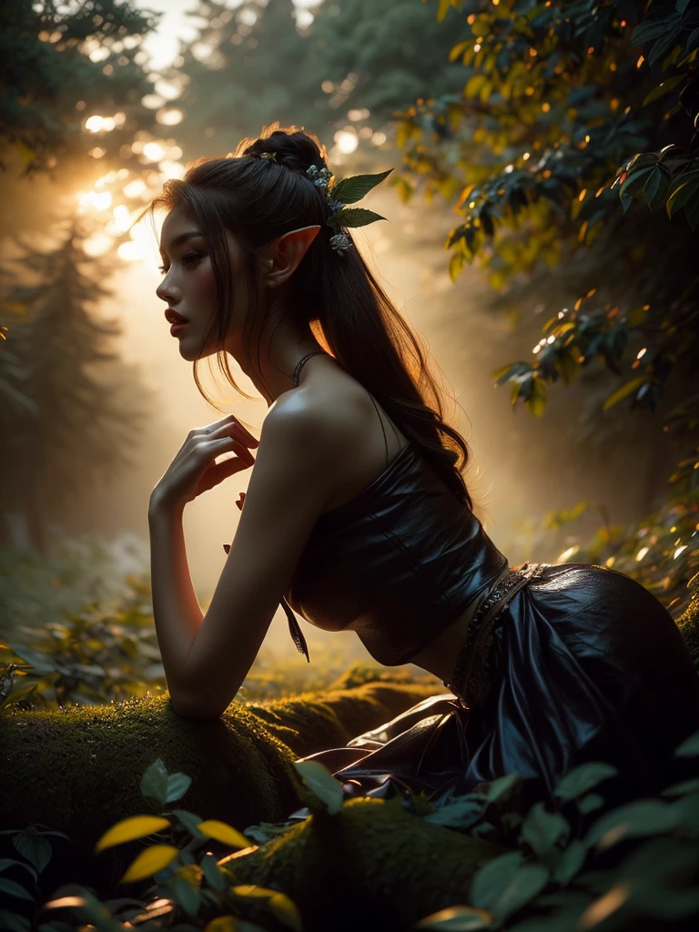 A dramatic low-angle shot of a female elf warrior, hands on hips, silhouetted against the twilight sky in the magical forest. The image exudes an aura of undeniable power and beauty. (low-angle shot: 1.5), (powerful pose: 1.4), (enchanted forest: 1.5), (twilight silhouette: 1.3), (erotic adventure: 1.4), (fantasy world: 1.5).