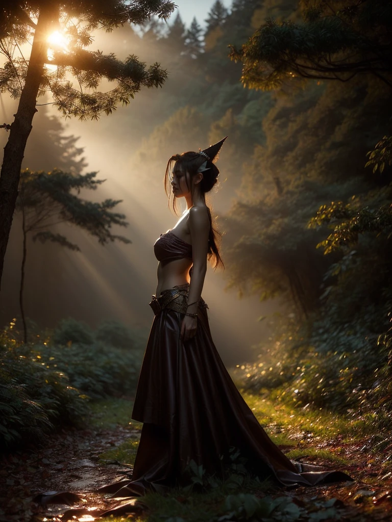 A dramatic low-angle shot of a female elf warrior, hands on hips, silhouetted against the twilight sky in the magical forest. The image exudes an aura of undeniable power and beauty. (low-angle shot: 1.5), (powerful pose: 1.4), (enchanted forest: 1.5), (twilight silhouette: 1.3), (erotic adventure: 1.4), (fantasy world: 1.5).