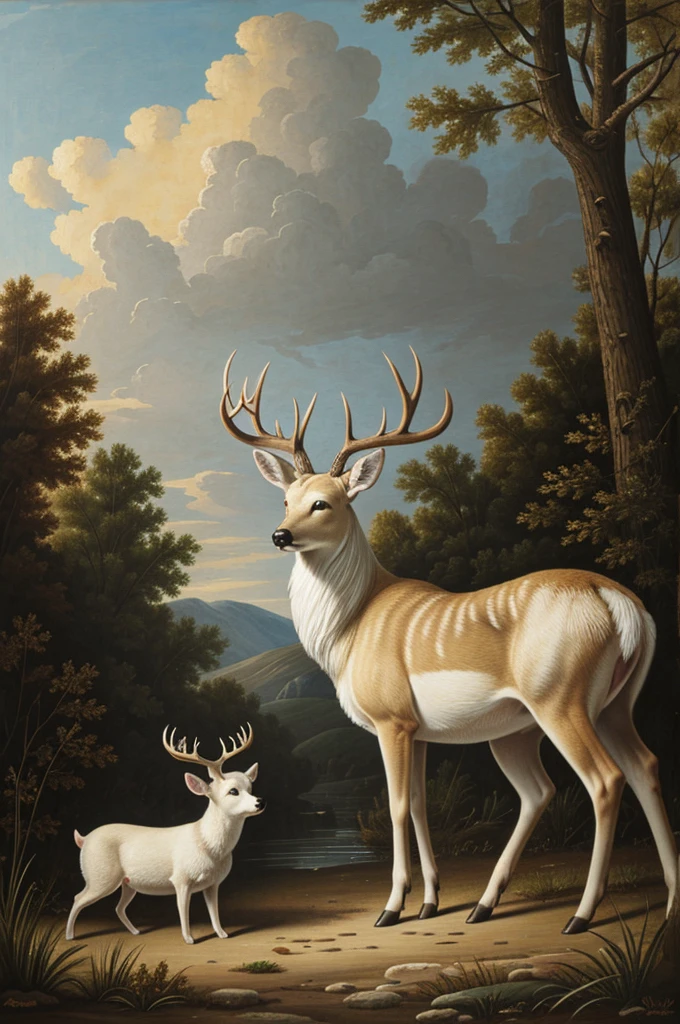A deer painting with a white dog and an axolotl 