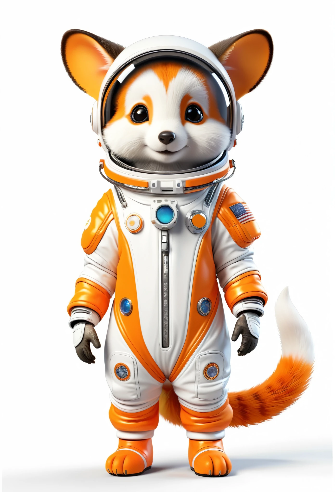 Cute animal in a space suit, with an orange and white color scheme, featuring a detailed character design in a full body shot at high resolution, isolated on a white background, rendered in 3D in a high quality image.