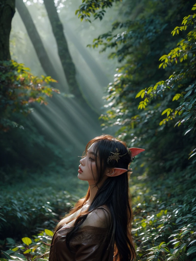 A captivating profile shot of a female elf warrior, her gaze fixed in the distance, lending an air of anticipation. The twilight-kissed mystical forest setting adds a layer of enigma to the image. (profile shot: 1.5), (focused pose: 1.4), (surreal forest: 1.5), (twilight charm: 1.3), (erotic adventure: 1.4), (fantasy world: 1.5).