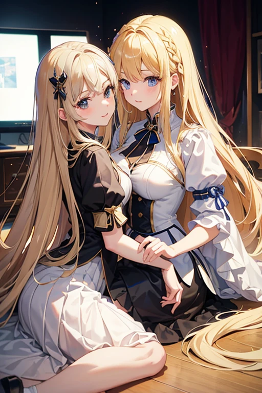 ((highest quality、High resolution))、Blonde、Two cosplay girls show their pussies、Love juice