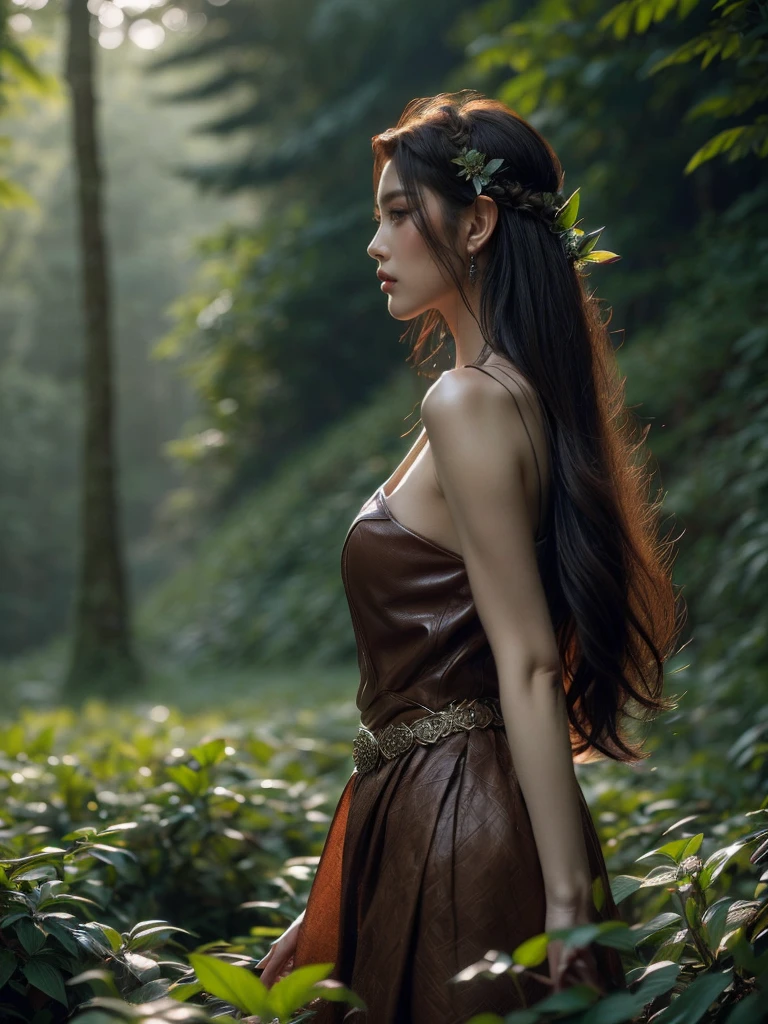 A captivating profile shot of a female elf warrior, her gaze fixed in the distance, lending an air of anticipation. The twilight-kissed mystical forest setting adds a layer of enigma to the image. (profile shot: 1.5), (focused pose: 1.4), (surreal forest: 1.5), (twilight charm: 1.3), (erotic adventure: 1.4), (fantasy world: 1.5).