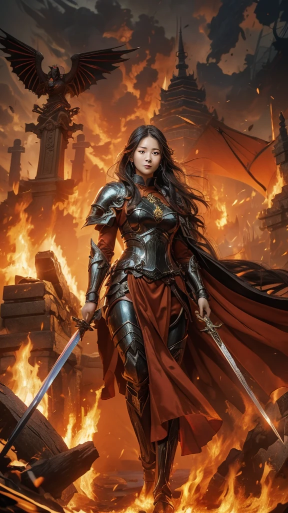 a masterpiece of mythology, a 26 year old Korean girl wearing a black warrior outfit complete with armor tightening her hands holding a large bloody sword b, bowed thrusting the sword, a large fiery red-eyed bird with red eyes emitting fire in its mouth looking angry, an old Shaolin temple building behind a big explosion shooting big dirty smoke, with sword,, girl hiding from big explosion, dragon, destruction, thick smoke big fire red blood