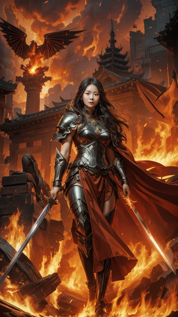 a masterpiece of mythology, a 26 year old Korean girl wearing a black warrior outfit complete with armor tightening her hands holding a large bloody sword b, bowed thrusting the sword, a large fiery red-eyed bird with red eyes emitting fire in its mouth looking angry, an old Shaolin temple building behind a big explosion shooting big dirty smoke, with sword,, girl hiding from big explosion, dragon, destruction, thick smoke big fire red blood