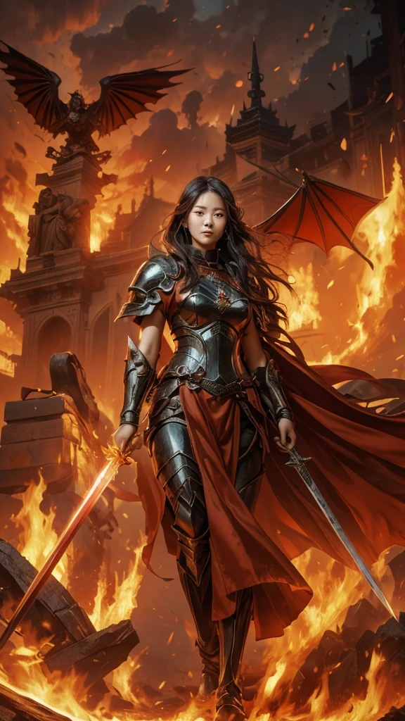 a masterpiece of mythology, a 26 year old Korean girl wearing a black warrior outfit complete with armor tightening her hands holding a large bloody sword b, bowed thrusting the sword, a large fiery red-eyed bird with red eyes emitting fire in its mouth looking angry, an old Shaolin temple building behind a big explosion shooting big dirty smoke, with sword,, girl hiding from big explosion, dragon, destruction, thick smoke big fire red blood