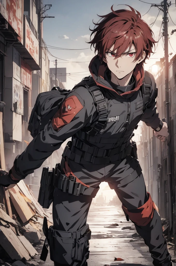 1 male, solo, red hair , anime character wearing combat suit, kaworu nagisa, anime handsome man, male anime character, tall anime guy with red eyes, hajime yatate, anime, fubuki, action anime pose, yukito kishiro, young anime man, official art, makoto kano, male anime style, masterpiece, rtx, ray tracing, highly detailed, best quality, official art