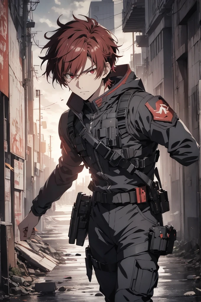 1 male, solo, red hair , anime character wearing combat suit, kaworu nagisa, anime handsome man, male anime character, tall anime guy with red eyes, hajime yatate, anime, fubuki, action anime pose, yukito kishiro, young anime man, official art, makoto kano, male anime style, masterpiece, rtx, ray tracing, highly detailed, best quality, official art