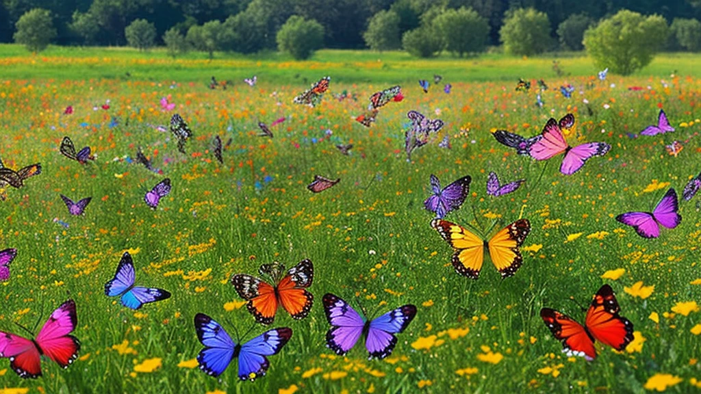 Create an image of numerous multicolored butterflies rising from a field of wildflowers, depicted using bright, sparkly, and glowing finely ground multicolored glass sprinkled artfully on a sheet of stark black acrylic.