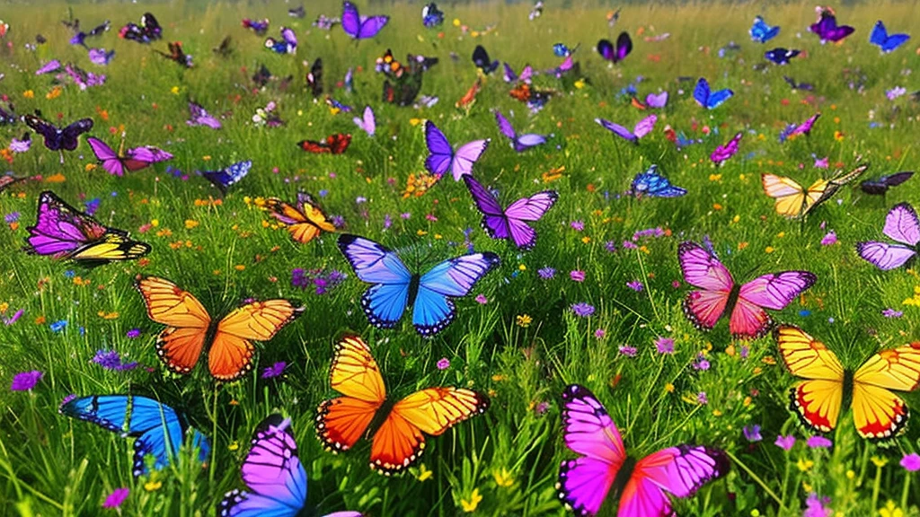 Create an image of numerous multicolored butterflies rising from a field of wildflowers, depicted using bright, sparkly, and glowing finely ground multicolored glass sprinkled artfully on a sheet of stark black acrylic.