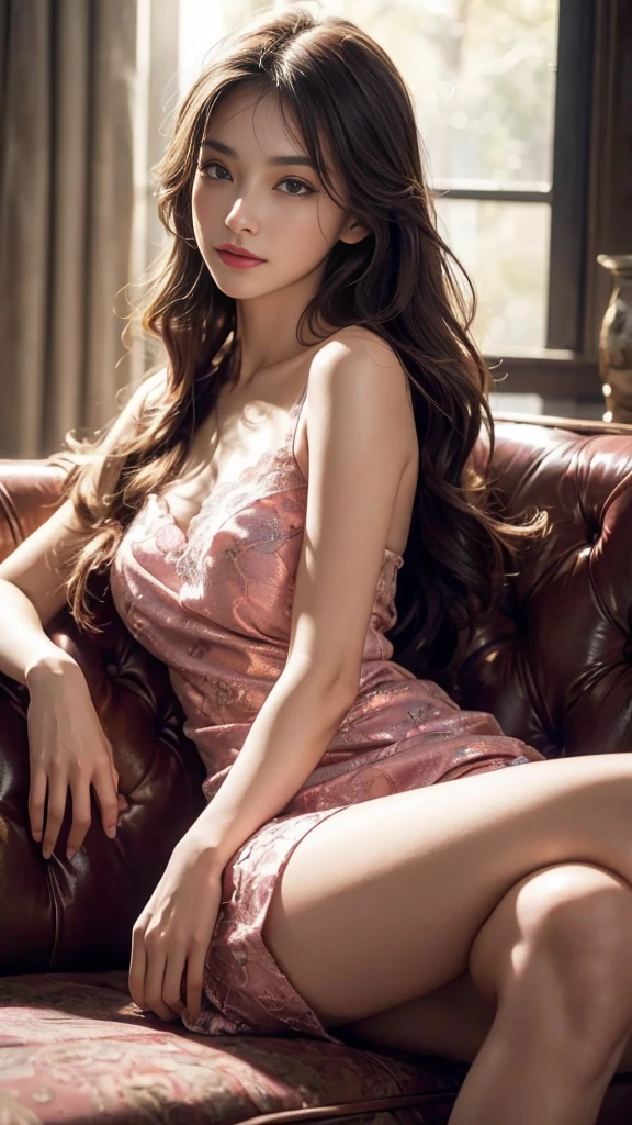 8K, UHD, MAsterpiece, best quality, 1 girl, (realistic face), very long hair, small , decorated dress, very beautiful ornaments dress, pink color, lace, mesh dress, sardine, loops, ipllers, depth of field, light from the front, Light shines into the face, knee short, Subject reclines on a chaise or couch, one arm draped gracefully. Evokes sophistication and relaxation., Arms wrapped around body (self-hug), Face (Excitement, Surprise, Awe)