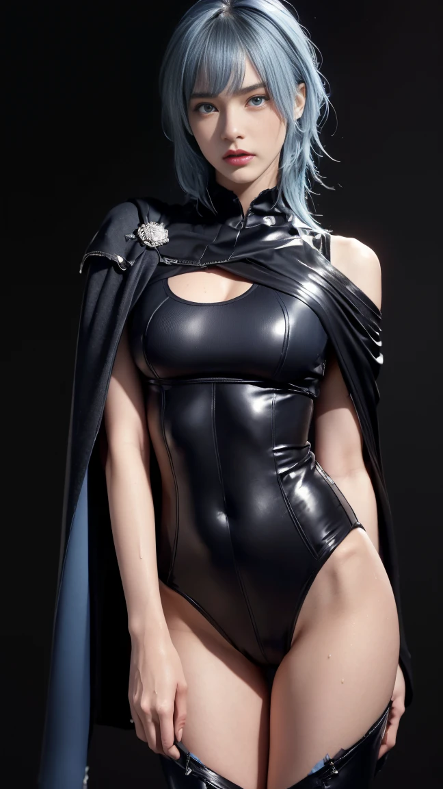 8K, Top Quality, Intricate Details, Ultra Detail, Ultra High Resolution, Masterpiece, close up shot, (full body: 1.1), Slender, Smile, (Makeup: 0.4), (walking), (Fluffy  Eyes: 1.21), ((bangs)), 1girl, solo, 1 girl, (((blue hair, bangs, long hair, , blue eyes)), (()), close up shot, , ((tall)), (((fit body))), (((slim face))), sharp face, ((  torn ripped  suit, ripped torn  suit , torn side cape, mini cape, ripped side cape, no bra, no panties, no inwear, no underwear, cleavege , crotch)) , (detailed face), sharp face, small lips, ( walking), walk pose, walking pose, 
 ((, in the rain, , she's soaking wet, see trough suit, wet suit,  ( )), , ((,)), detailed face, detailed breast, large breast, huge breast, (( )), detail ass, Narrow Waist, Skinny, tall , 175 cm tall, Muscular, Navel, Exposed Abdomen, Pointed Chest,, Beautiful girl with accentuated slender abs: 1.4, Six Pack Abs: 1.4,, Perfect Body, detail leg, (( dark background)), black background,