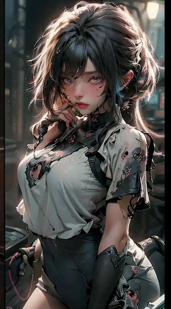 masterpiece、top-quality、hight resolution、from side, 1beautiful girl、20yr old、Baby face、full body Esbian、Beautiful cybernetic girl looking at realistic masterpiece of detailed muscles in camera underwear、Pink Cyber Suit、full body Esbian、round and large eyes、kawaii eyes、a purple eye、((Rabbit ears))、Bangs Patsun、Black straight hair、smooth hair、A smile、Colossal tits、cleavage of the breast、Daytime、Jump off the rooftops of skyscrapers、