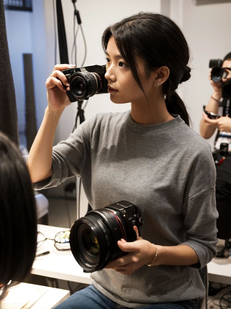 A photographer takes a picture of a model