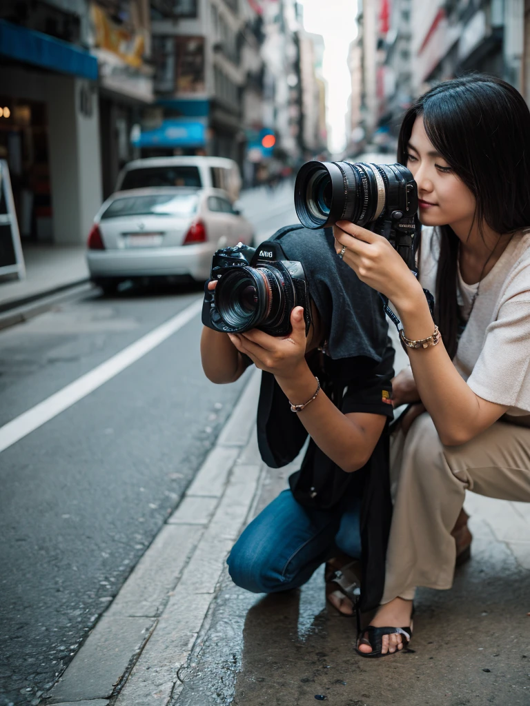 A photographer takes a picture of a model