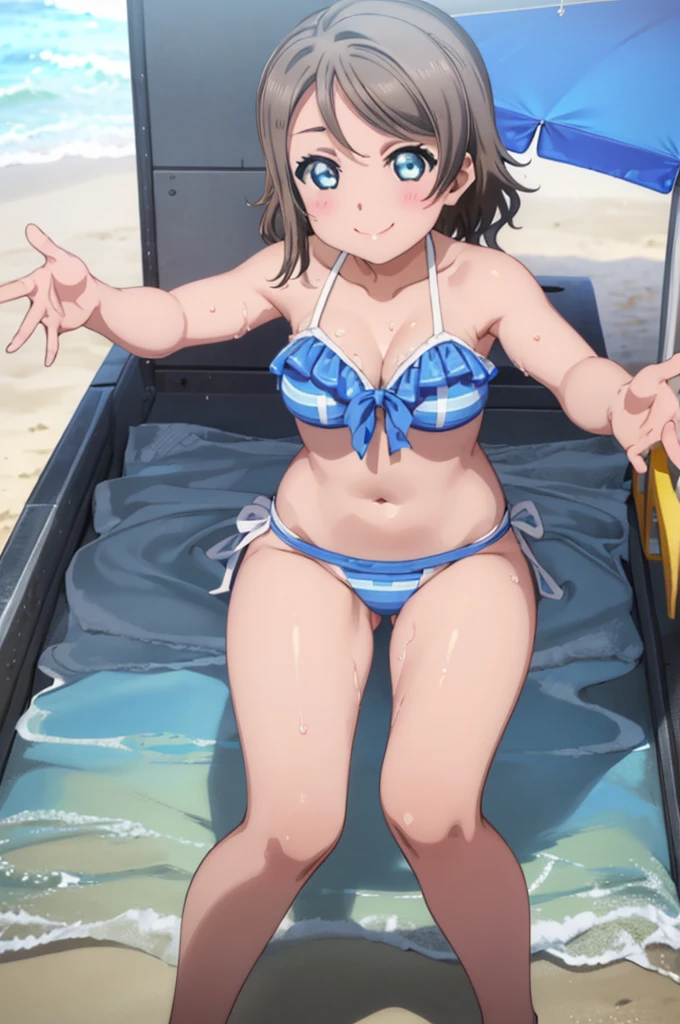 (((pixel-perfect, detail-perfect))), solo, 1girl, you watanabe, eyes azzur, smile, bikini, wet body, summer beach, armpit, big filesize, ultra High Qality