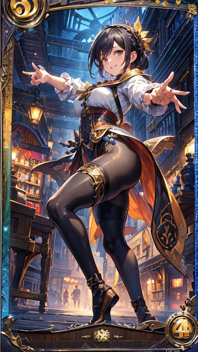 (1 mature merchant,Full Body Tights,Age 35), ((Pub,guild)),(smile),Dynamic pose,Dynamic Angle,Pose for a photo,From below,Elderly woman、Trading Card Game Frames、Highest Rare、Five Fingers、Signature mark、Recovery Officer、Big Butt、Black Hair