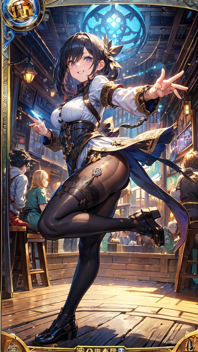 (1 mature merchant,Full Body Tights,Age 35), ((Pub,guild)),(smile),Dynamic pose,Dynamic Angle,Pose for a photo,From below,Elderly woman、Trading Card Game Frames、Highest Rare、Five Fingers、Signature mark、Recovery Officer、Big Butt、Black Hair