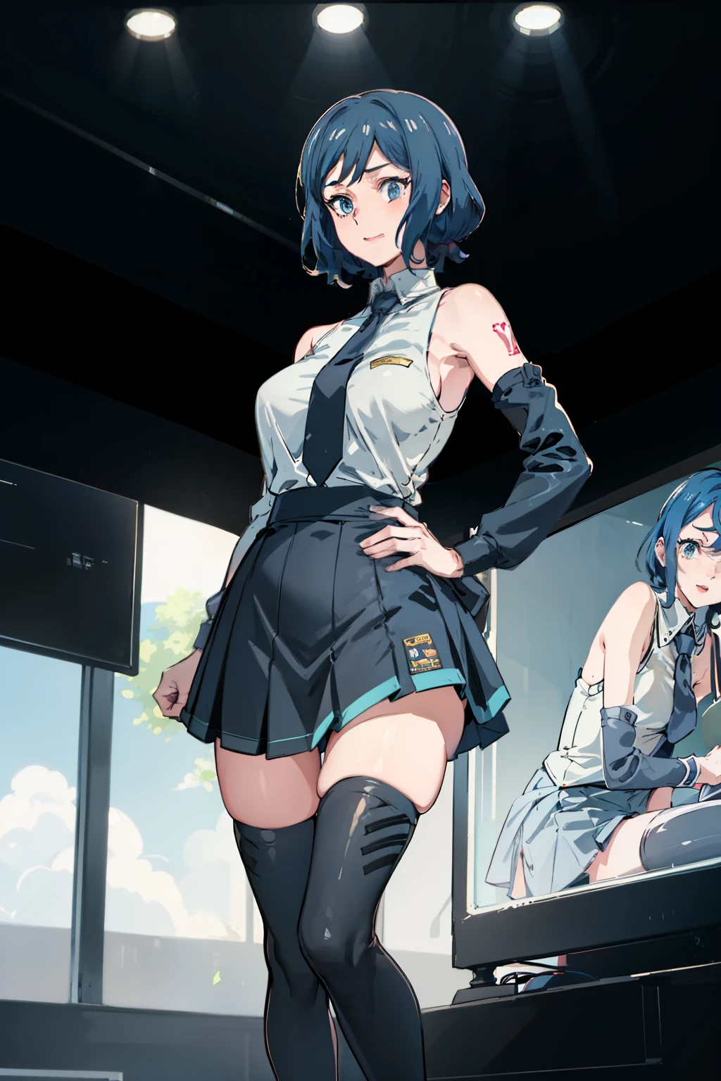 (Masterpiece,), Best Quality, ultra-detailed, perfect hands, perfect legs, Delicate eye expression, delicate face expression., 1girl (rinko_iori, Slender and sexy body, huge breasts, wide hips, naked body, dark blue hair, long hair, blue eyes ),closed mouth(wicked smile), a come-hither look, red lipstick, solo, sleeveless shirt, grey shirt, detached sleeves, necktie, arm tattoo, skirt,skirt lift, thighhighs, thigh boots,,full body, at a car racetrack , standing,Sexy waist teasing, a provocative pose , Skirt lift
