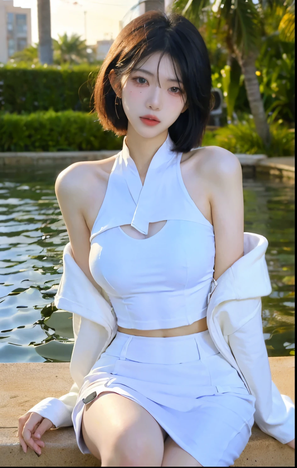Beautiful woman with perfect figure:1.4,Swimming background,Desert Background,Ultra-high resolution,Seductive laughter,wear glasses,White legs,(lifelike:1.4),Layered Hairstyle,White skin,Black mini pleated skirt,whole body,Very delicate face and skin texture,Double eyelids,Skin Whitening,Long hair,White hair,White,