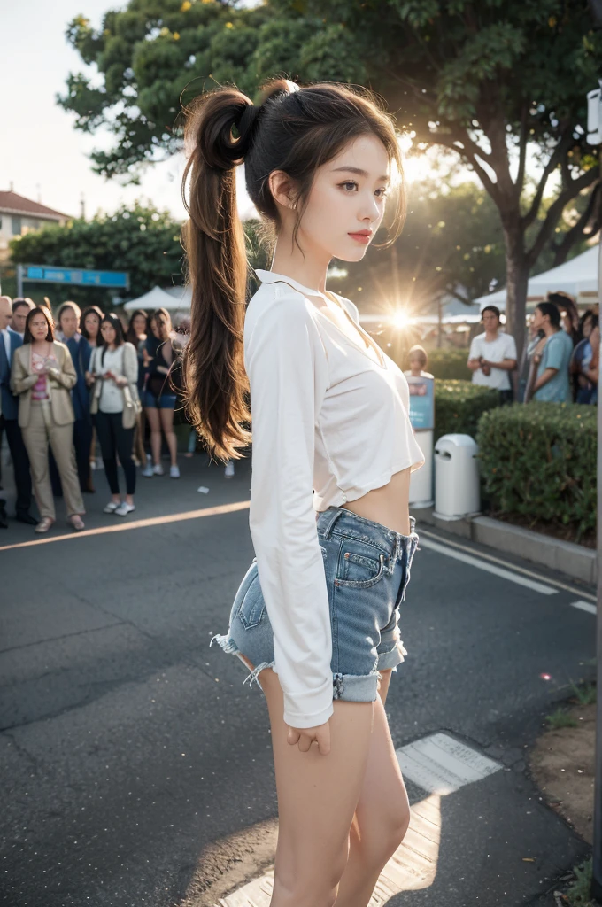 (((best quality))),(((ultra detailed))),(((masterpiece))),illustration,((1 beautiful girl,solo)),((slim,thin)),((small breasts,flat chest)), outside school gate, summer twilight, sunlight,(short ponytail:1.3),(claviclies,cleavage),((white long-sleeved shirt)),((denim shorts,slender legs)),(plain white socks, comfortable flip-flops), animated face, excited eyes, sounds of laughter, chatter, excitement of summer vacation, air filled with energy, school gate golden glow, symbol of end of academic year, schoolyard transformed, reunion, farewells, embracing setting sun, face illuminated, moment captured, fleeting instant, essence of summer, carefree spirit, youthful exuberance, embodiment of season, sun dips, rosy glow, joy of living,promise of adventures,((standing,from front,full body)),(surrounded by crowded crowds:1.3)