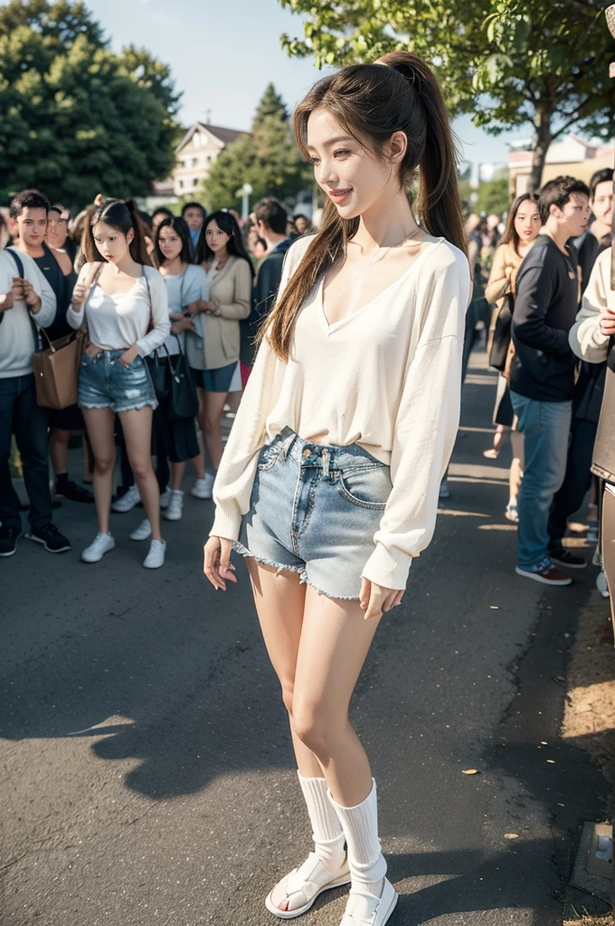 (((best quality))),(((ultra detailed))),(((masterpiece))),illustration,((1 beautiful girl,solo)),((slim,thin)),((small breasts,flat chest)), outside school gate, summer twilight, sunlight,(short ponytail:1.3),(claviclies,cleavage),((white long-sleeved shirt)),((denim shorts,slender legs)),(plain white socks, comfortable flip-flops), animated face, excited eyes, sounds of laughter, chatter, excitement of summer vacation, air filled with energy, school gate golden glow, symbol of end of academic year, schoolyard transformed, reunion, farewells, embracing setting sun, face illuminated, moment captured, fleeting instant, essence of summer, carefree spirit, youthful exuberance, embodiment of season, sun dips, rosy glow, joy of living,promise of adventures,((standing,from front,full body)),(surrounded by crowded crowds:1.3)