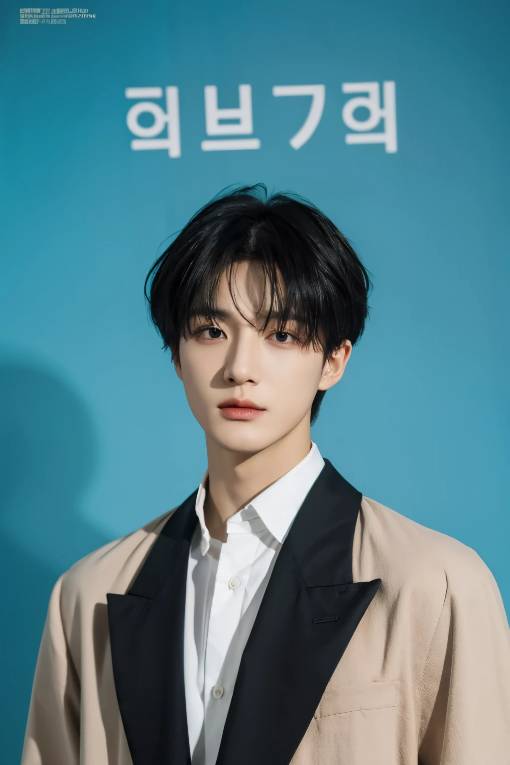 Full colorful background and backdrop,protrait focus,for ads,professional pose for magazine photo,Handsome korean male,Center-parted hairstyle,a cassock,worship,short male hair,bangs hair,centre the down hair, Delicate androgynous prince, Beautiful androgynous prince, korean artist, with same hairstyle,dressea new fashion colorful short suit blazer t-shirt,