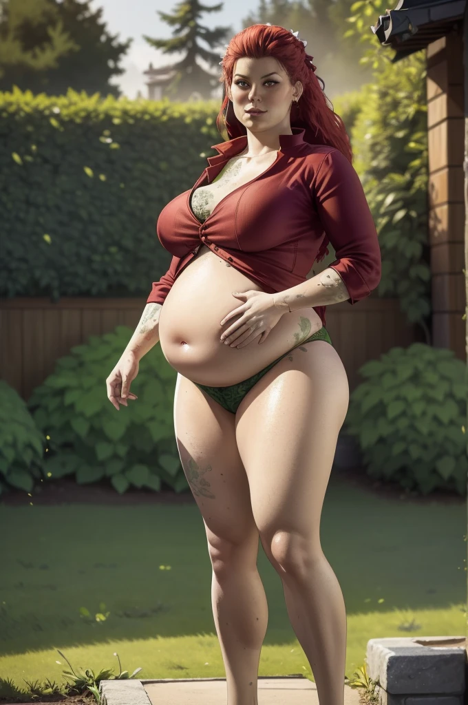 (masterpiece quality1.1), (insanely sophisticated detailed1.2), (realistic detailed beautiful face1.3), (1girl), beautiful face, RAW photo, best quality, high resolution, (masterpiece), Poison Ivy, DC Comics, wavy red hair, standing in garden, ((massive belly)), ((incredibly overstuffed belly)), (photorealistic:1.4), dynamic volumetric lighting, professional photography, sharp focus, HDR, 8K resolution, beautiful angular face, high rating, intricate detail, sophisticated detail, depth of field, detailed soft eyes, big eyes, chubby, soft fat, smooth skin, tight clothes, undersized clothes, (correct anatomy1.6), ((hyper swollen belly1.5))