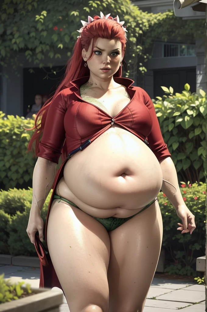 (masterpiece quality1.1), (insanely sophisticated detailed1.2), (realistic detailed beautiful face1.3), (1girl), beautiful face, RAW photo, best quality, high resolution, (masterpiece), Poison Ivy, DC Comics, wavy red hair, standing in garden, ((massive belly)), ((incredibly overstuffed belly)), (photorealistic:1.4), dynamic volumetric lighting, professional photography, sharp focus, HDR, 8K resolution, beautiful angular face, high rating, intricate detail, sophisticated detail, depth of field, detailed soft eyes, big eyes, chubby, soft fat, smooth skin, tight clothes, undersized clothes, (correct anatomy1.6), ((hyper swollen belly1.5))