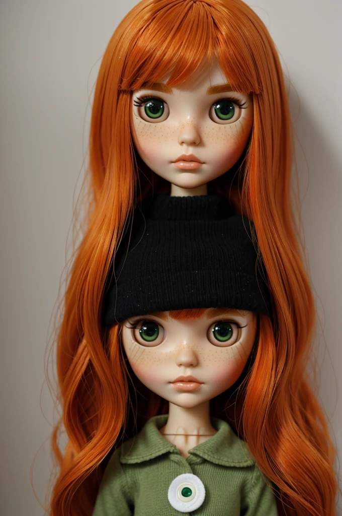 blythe doll Orange hair, green eyes, side bangs, freckles dressed in black
