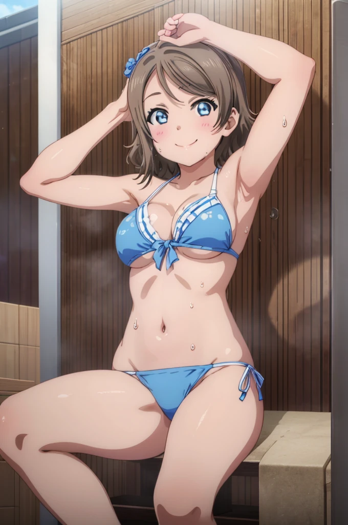 (((pixel-perfect, detail-perfect))), solo, 1girl, you watanabe, eyes azzur, smile, bikini, wet body, relax, sauna, armpit, big filesize, ultra High Qality