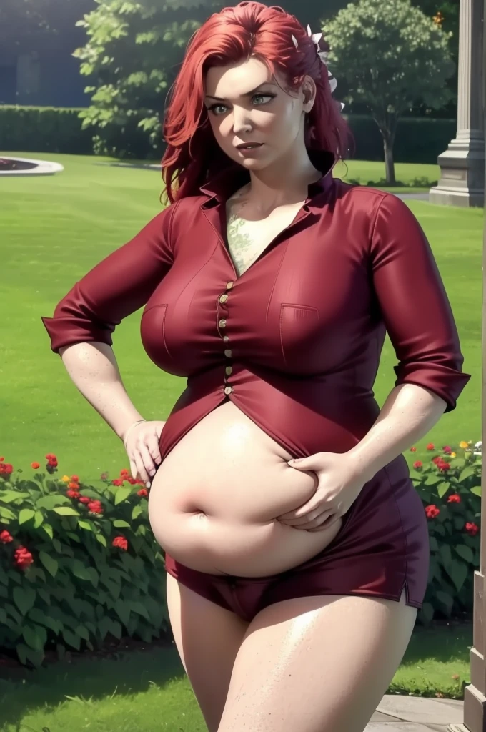 (masterpiece quality1.1), (insanely sophisticated detailed1.2), (realistic detailed beautiful face1.3), (1girl), beautiful face, RAW photo, best quality, high resolution, (masterpiece), Poison Ivy, DC Comics, wavy red hair, standing in garden, ((massive belly)), ((incredibly overstuffed belly)), (photorealistic:1.4), dynamic volumetric lighting, professional photography, sharp focus, HDR, 8K resolution, beautiful angular face, high rating, intricate detail, sophisticated detail, depth of field, detailed soft eyes, big eyes, chubby, soft fat, smooth skin, tight clothes, undersized clothes, (correct anatomy1.6), ((hyper swollen belly1.5))