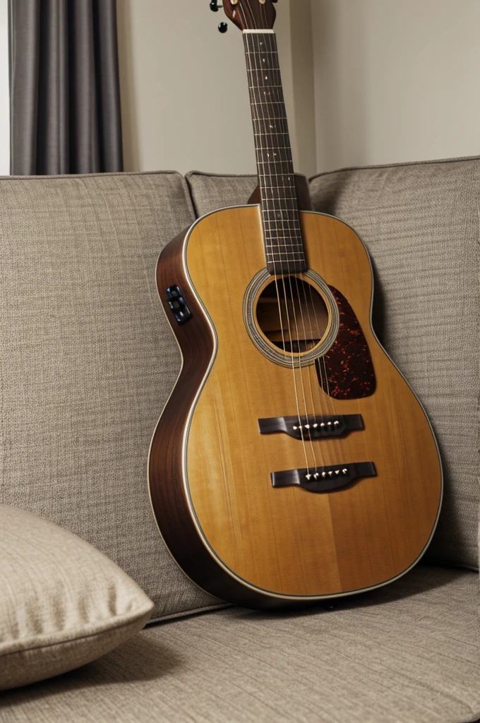 An acoustic guitar on the sofa and some pillows