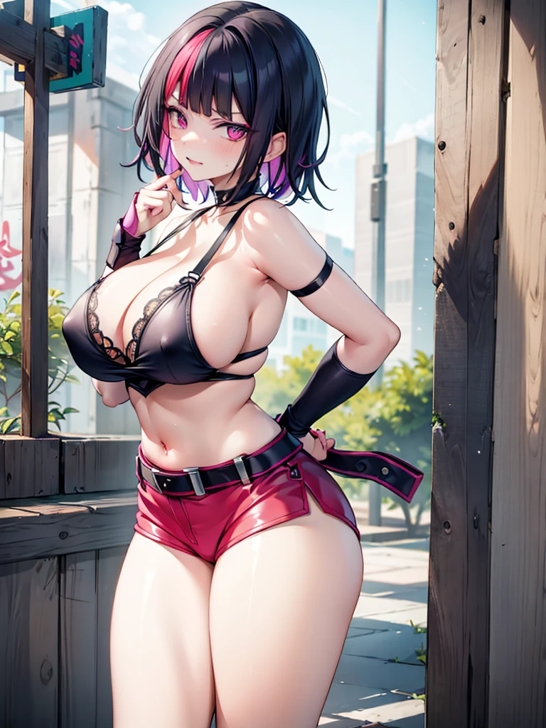 Juri Han,work of art, best qualityer, 1 girl, report, top cut, shorts jeans, choker, (graffit:1.does not splash, (hands behind the back), Against a Wall, looking a viewer, Um bracelete, thigh strap, Paint on the body, head tilt, bored, fiery hair color, Rainbow eyes,Juri Han,evil look