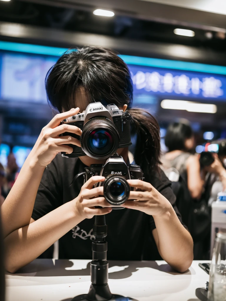 A photographer guy takes a picture of a model