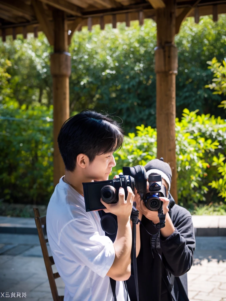 A photographer guy takes a picture of a model