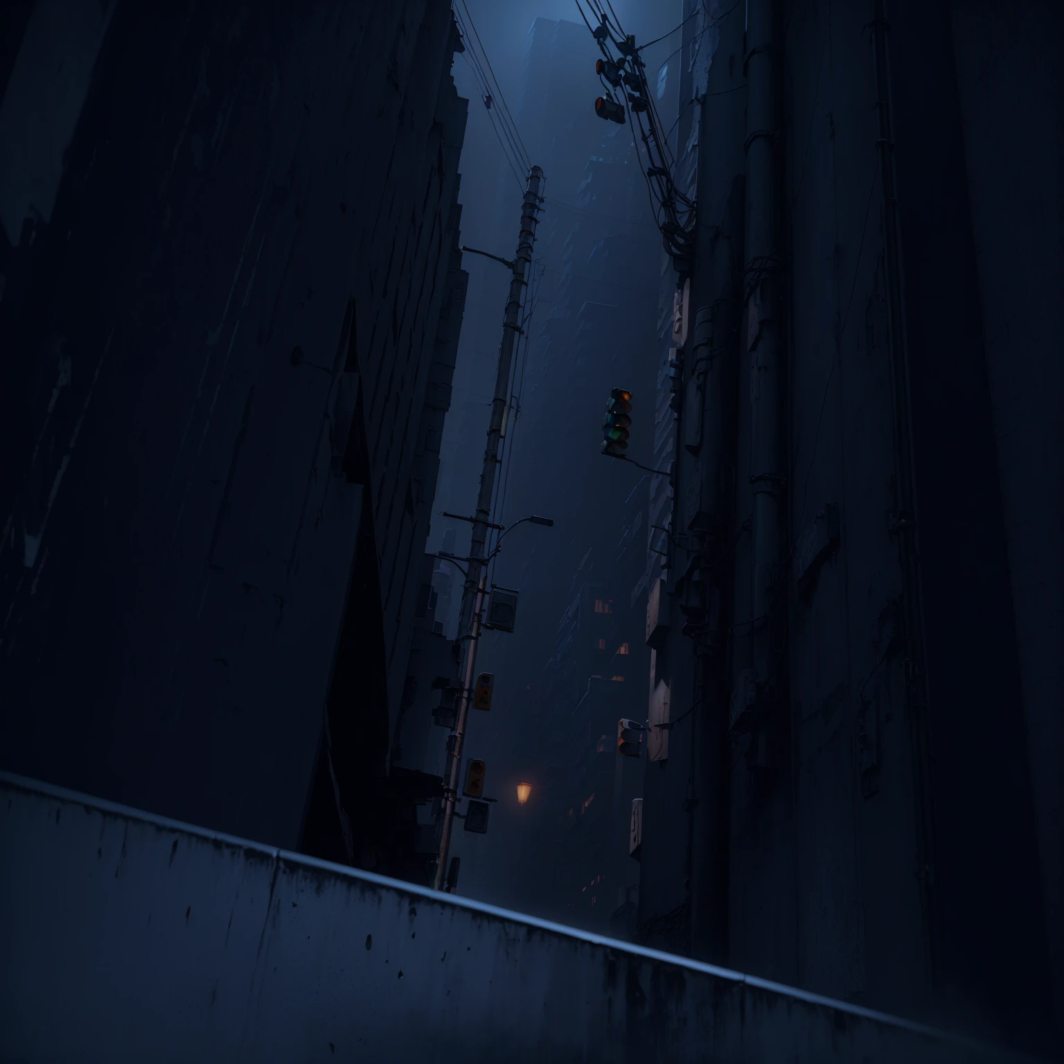 there is a street with a traffic light in the middle of it, overlooking a dark street, street background, traversing a shadowy city, dark night environment, background in a cinematic, random background scene, bladerunner street alley, shady dark backalley at night, dark street, city street view background, empty street, cyberpunk city street background