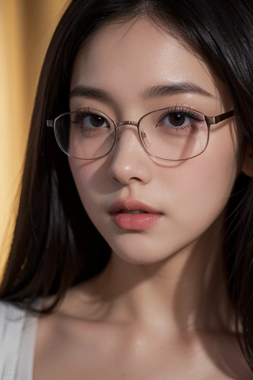 (masterpiece, Highest quality, Super detailed, masterpiece, super high quality、32k, octane rendering, Crystal Clear、RAW UHD Format)、High resolutionの光る目、Highest quality, Realistic skin texture, photograph shoot, Detailed facial features, Film Grain and High Contrast, 非常にHigh resolutionの詳細, photograph, Realistic, Surreal, High resolution, masterpiece、 (85mm lens, f/1.4),(a Japanese woman, 18 years old), (plump lips:1.8, plump chin:1.8, plump cheeks:1.6, cute nose:1.3), well rounded, wearing glasses, Adult female, Painting Beauty、妖精のようなPainting Beauty、Highest quality, High resolution, masterpiece, Attention to detail, 32k, A tree that shines like a jewel, Reflecting light in the deep forest.々And there's a woman in the flower.、Has striking green eyes、Creating works of art。.