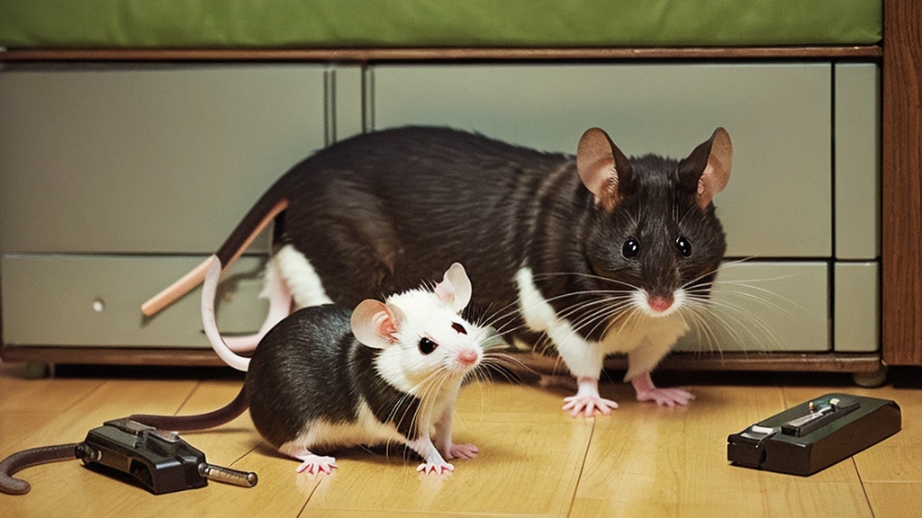 A mice upright, adopting a human-like posture. Its scowling expression, furrowed brows, and downturned mouth contribute to its grumpy demeanor. The white, fluffy fur contrasts sharply with its irate appearance. Completing the look is a large, round nose. At the his feet lie a piece of cheese on a mousetrap. The garage backdrop ensures that all attention remains on this expressive character.