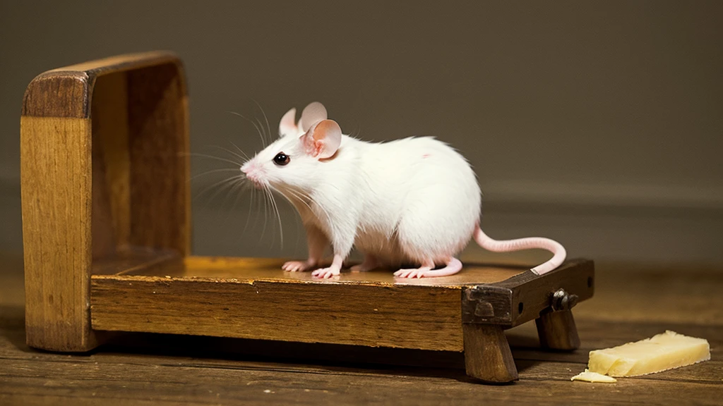 A mice upright, adopting a human-like posture. Its scowling expression, furrowed brows, and downturned mouth contribute to its grumpy demeanor. The white, fluffy fur contrasts sharply with its irate appearance. Completing the look is a large, round nose. At the his feet lie a piece of cheese on a mousetrap. The  garage backdrop ensures that all attention remains on this expressive character.
