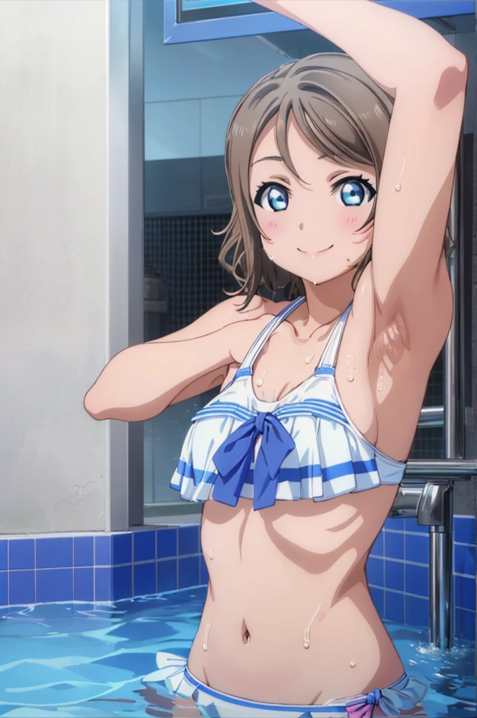 (((pixel-perfect, detail-perfect))), solo, 1girl, you watanabe, eyes azzur, smile, bikini, pool, wet body, armpit, big filesize, ultra High Qality