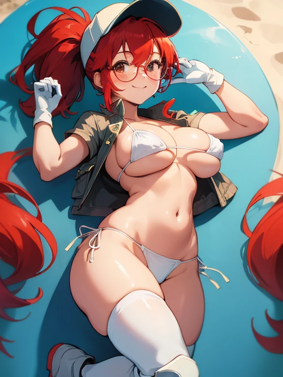 (art, best quality: 1.2), illustration, 8K, high definition, 1, alone, torso, (portrait: 1.2), large breasts, micro bikini, white bikini, V bikini, high waist bikini, circular glasses, has, top cut, belly, gloves, navel, baseball cap, high knee pads, ponytail, boots, brown eyes, smile, red hair, long hair