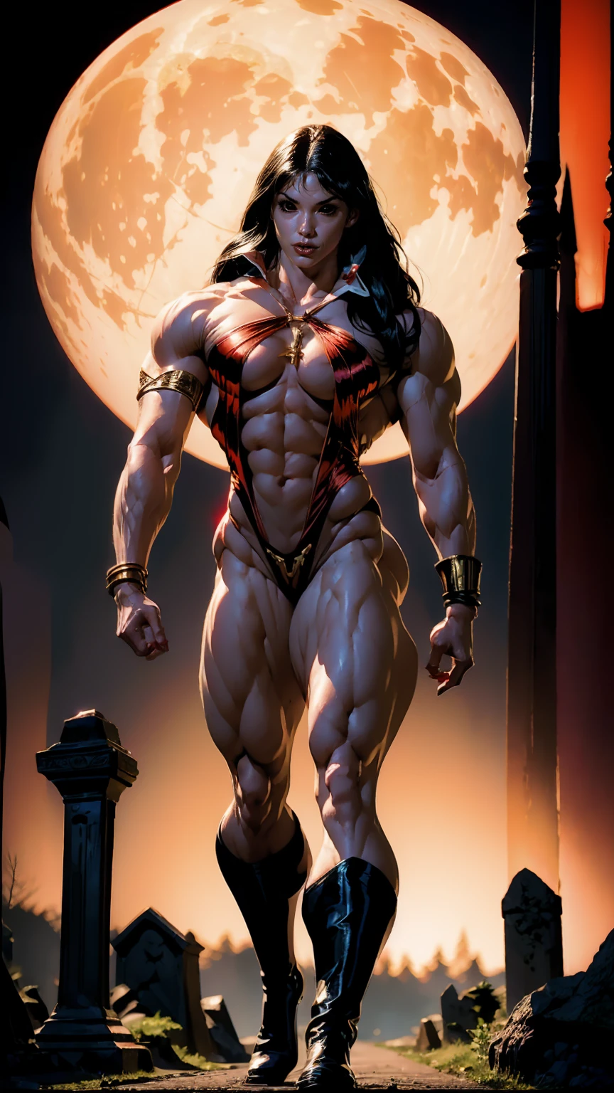 Megan fox as Vampirella, (wearing a red vampirella outfit:1.25), (muscular physique, pale skin, red glowing eyes:1.25), walking down a cemetery on a moonlit night, full moon, dark gothic atmosphere, thin legs, Realistic, Very detailed face and eyes, (masterpiece:1.1), (best quality:1.1), (ornate:1.1), (beautiful girl face:1.25)